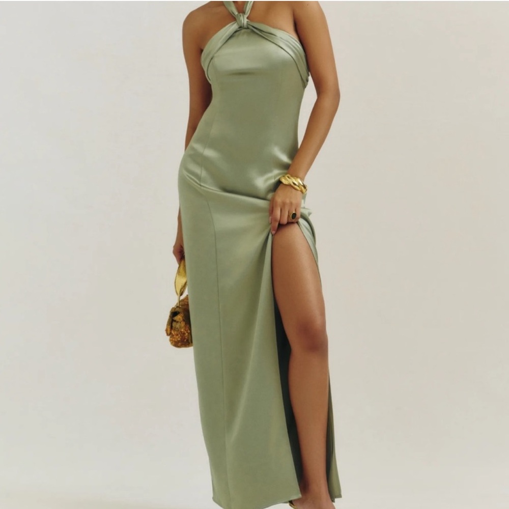Reformation Kavi Satin Maxi Dress in Artichoke Green Brand New With Tags
